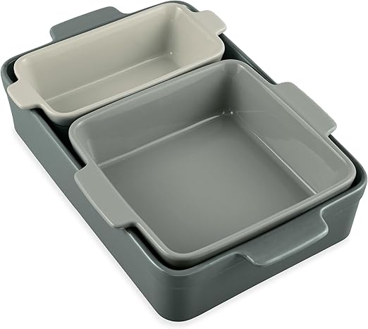 Best Choice Products Bakeware Set, Baking Dish Set, 3-Piece Nonstick, Toxin-Free, Ceramic Serving Dishes, Casserole, Bread Loaf, Square Pan, Space-Saving Nesting Design - French Gray
