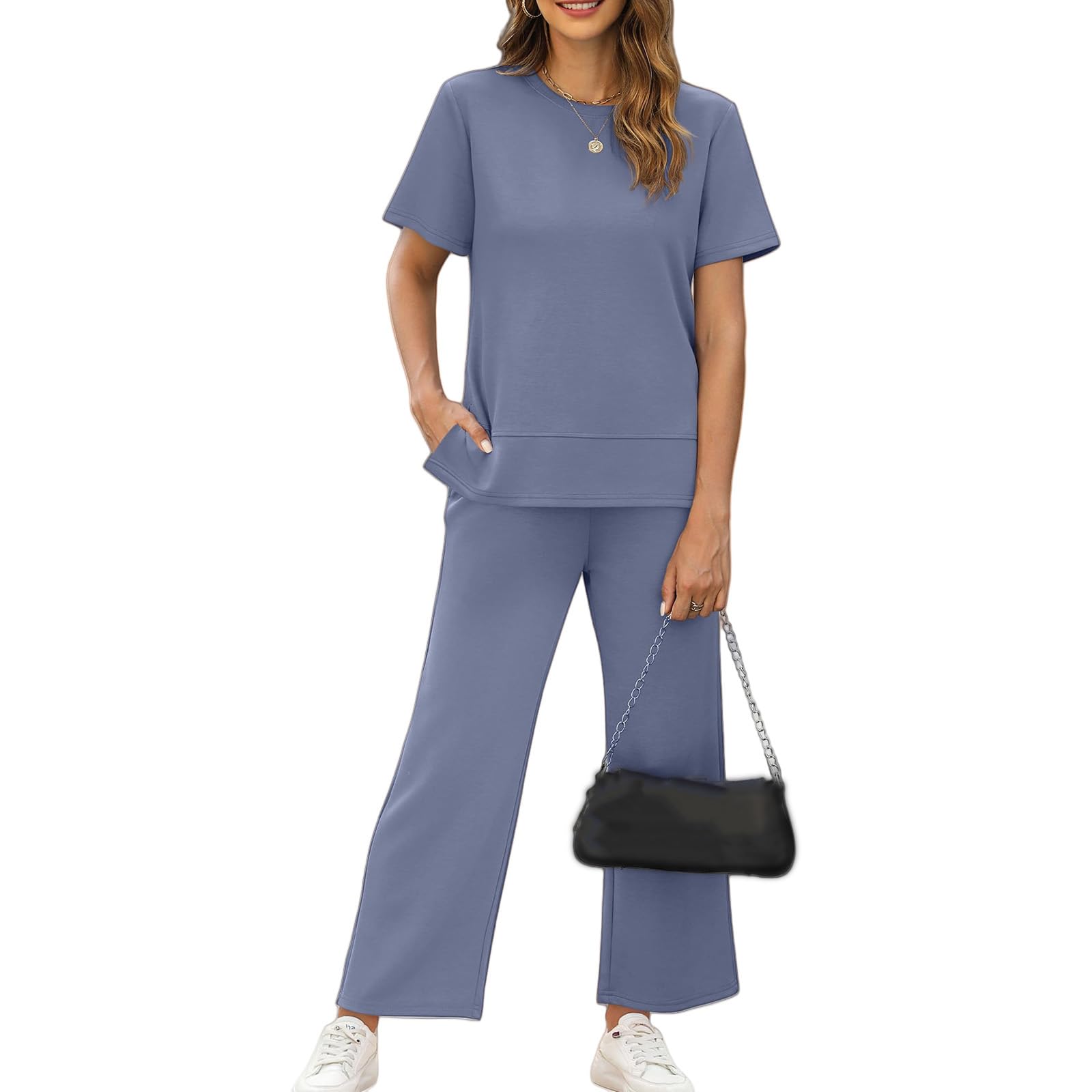Women's 2 Piece Lounge Sets Side Split Short Sleeve Tshirts Matching Wide Leg Pants Tracksuit Loungewear
