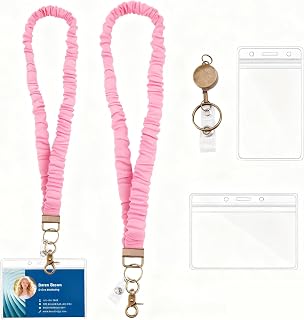 Scrunchie Lanyard for Teachers, Stretchy Elastic Breakaway Retractable Badge Reel Holder for ID Badges Keys, for Women Nurse Office Staff, Pink