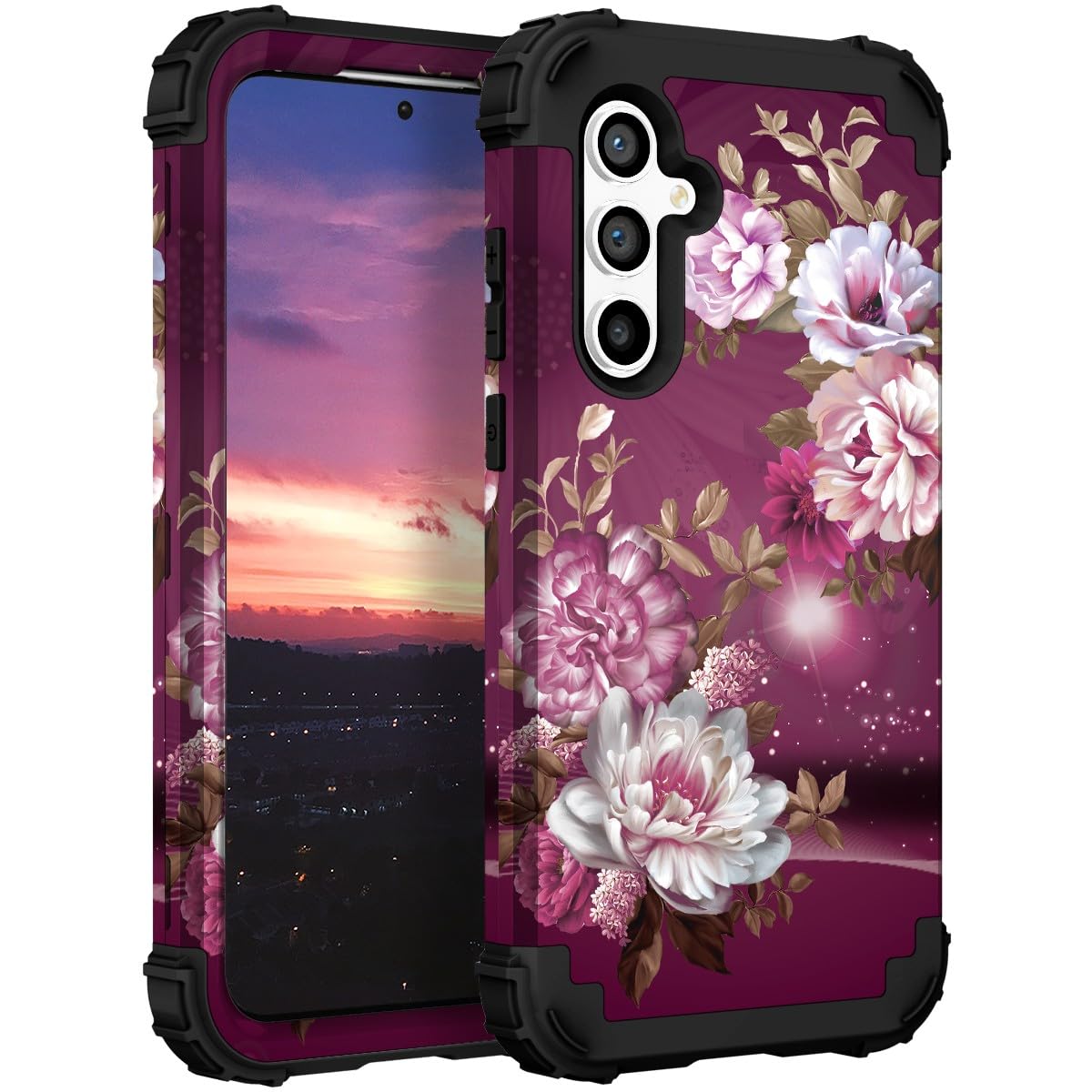 Hocase for Galaxy S23 FE Case, Heavy Duty Shockproof Protection Soft Silicone Rubber+Hard Plastic Bumper Hybrid Protective Case for Samsung Galaxy S23 FE 5G (6.4") 2023 - Burgundy Flowers