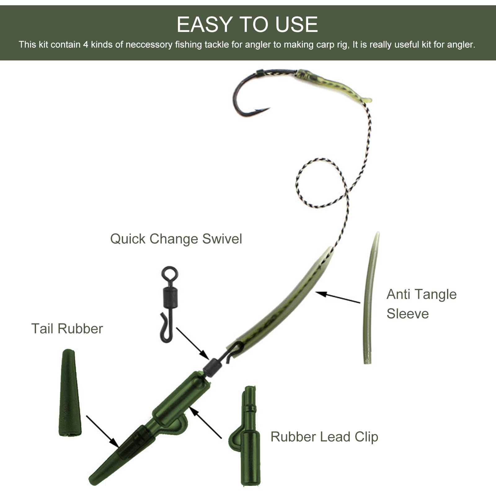 Mangas Antienredos Clips, Accesorios de Pesca de Carpa, 40 Piezas Incluye Clip de Plomo de Seguridad, Kit de Accesorios de Pesca, Alineador de Líneas de Pesca con Caja, Tubo Goma, Tubo Cónico