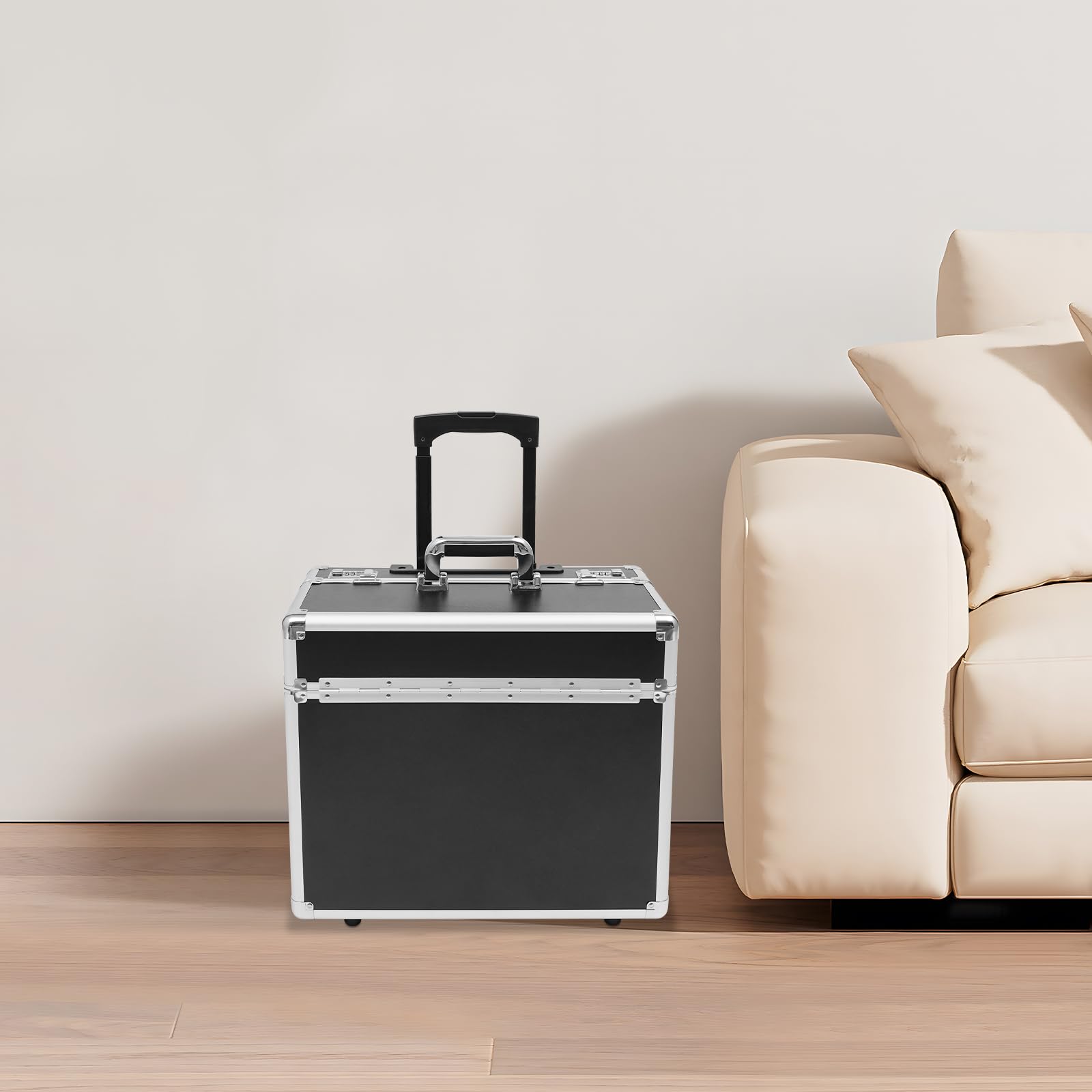 Aktenkoffer Rollbarer Businesstrolley Abschließbarer Aktenbox Pilotenkoffer 48,5 * 23 * 39cm aus Aluminiumlegierung mit Teleskopstange - Schwarz