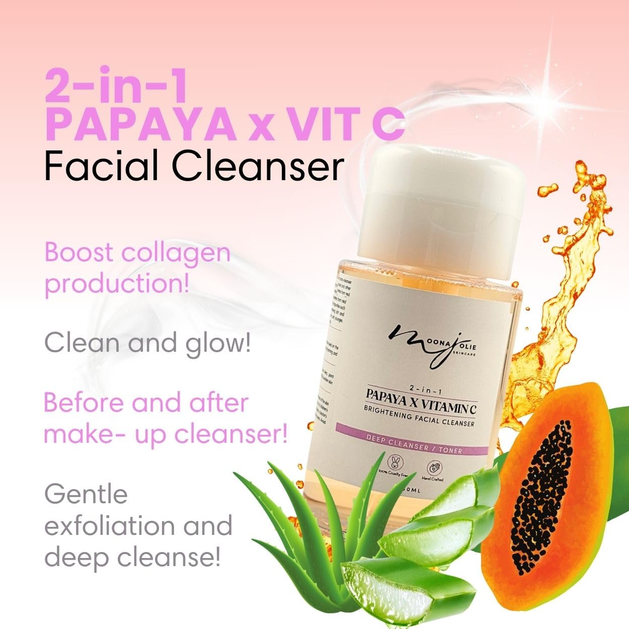 Moona Jolie 2-in-1 Papaya x Vitamin C Cleanser 150ml | Plant- based Facial Cleanser - Deep Cleansing Face Wash with Vitamin E and Aloe Vera, Hydrating, for Fine Lines and Hyperpigmentation