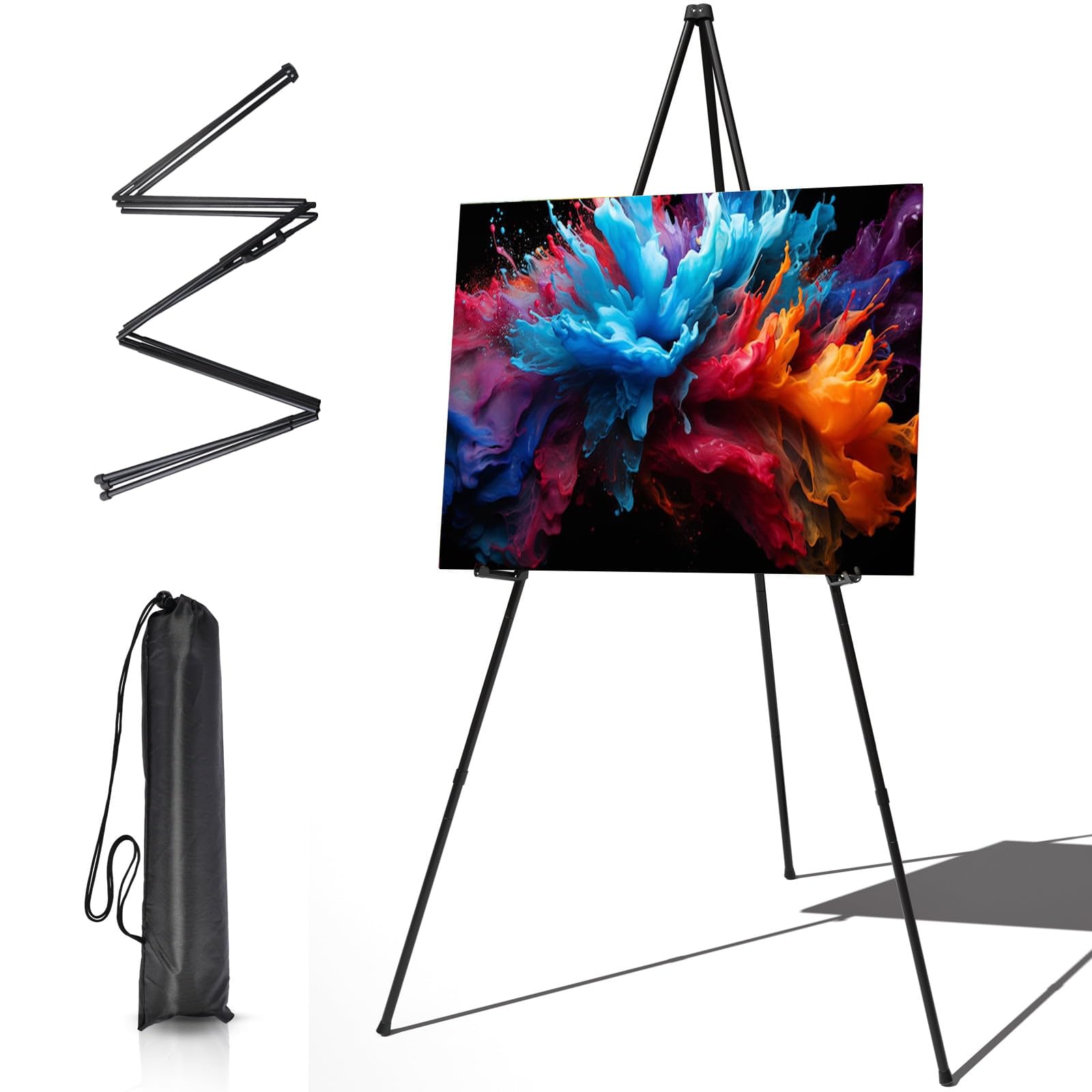 Display Easel Stand for Wedding Sign, Portable Folding Adjustable Easel Floor Art Easel, Easy to Carry Tripod & Canvas Stand Art Easel for Painting Canvas, Wedding Signs, Exhibition, Posters (Black)