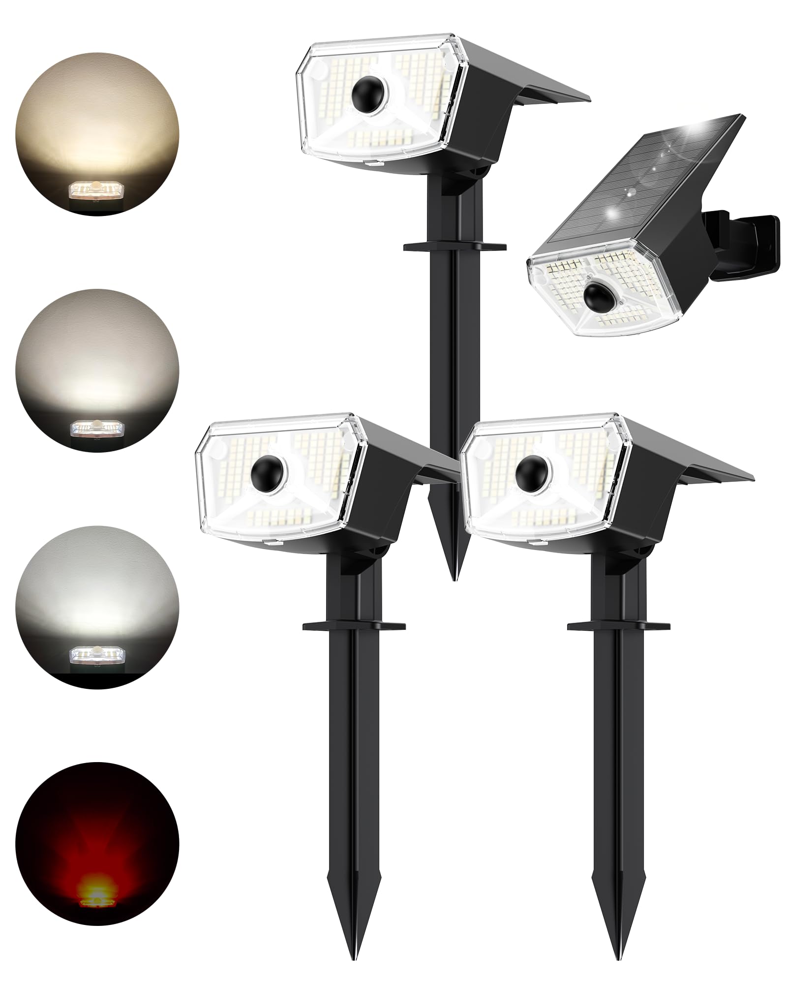TECKNET 106 LED Solar Spot Lights Outdoor with Motion Sensor, 3-Color Tunable, IP67 Waterproof Auto On/Off for Garden Yard Pathway, 4 Pack [Energy Class A]