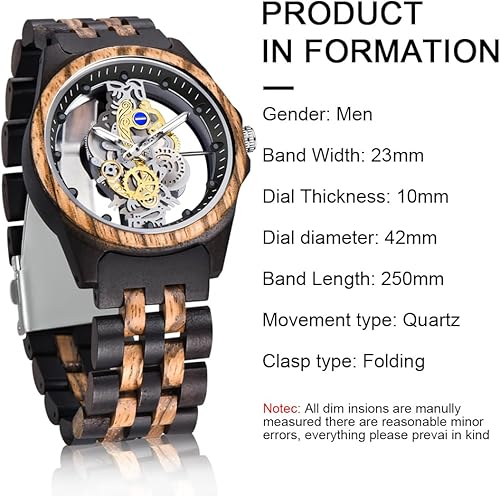 Miniatura 5 de Dentily Reloj de madera para hombre, reloj de madera ligero para hombre, relojes analógicos de madera de cuarzo para hombres