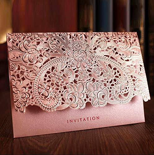 Womhope 50 Pcs Invitations With White Envelopes Elegance Lace Emboss Hollow Engagement Wedding Invitation Party Birthday Bridal Shower Card (Pink) #TOP6