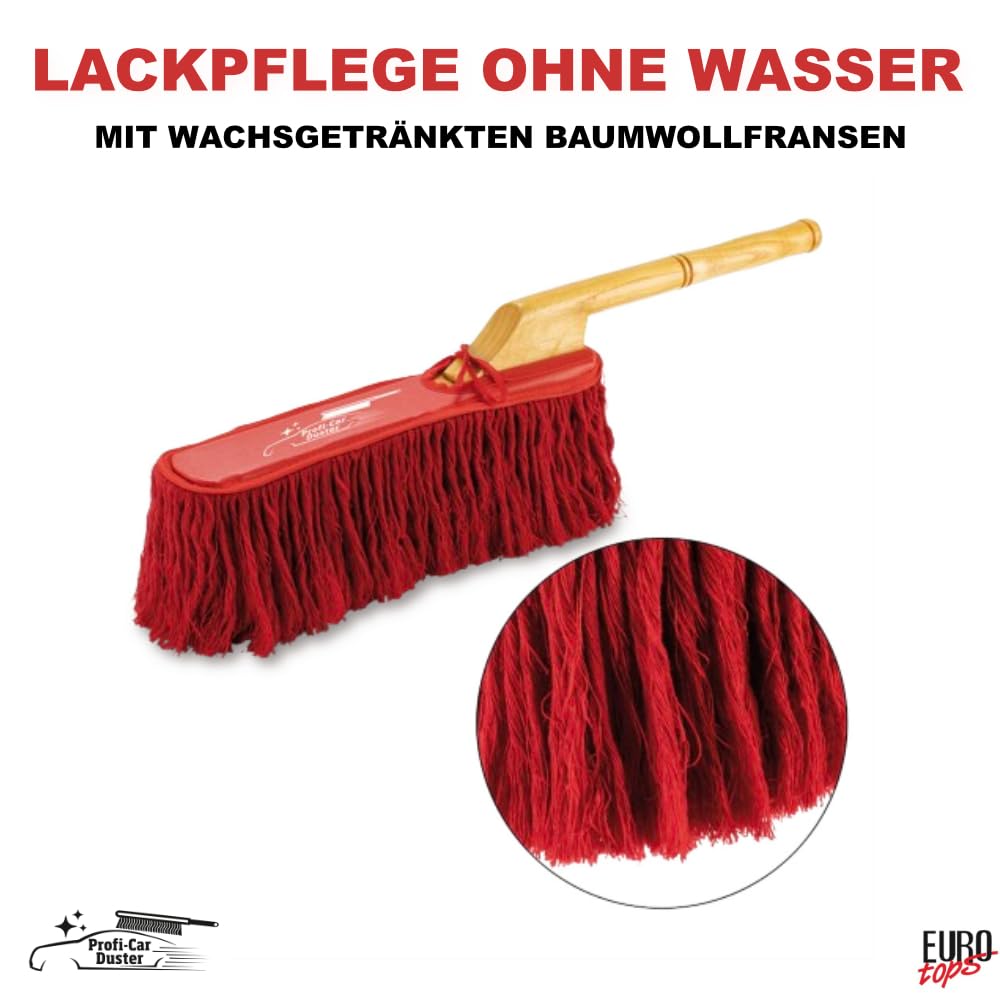 EUROtops Profi Car Duster – Cepillo de mano ideal para polen y limpieza de coche sin agua, flecos encerados, fibras de algodón, mango largo, conocido en Estados Unidos