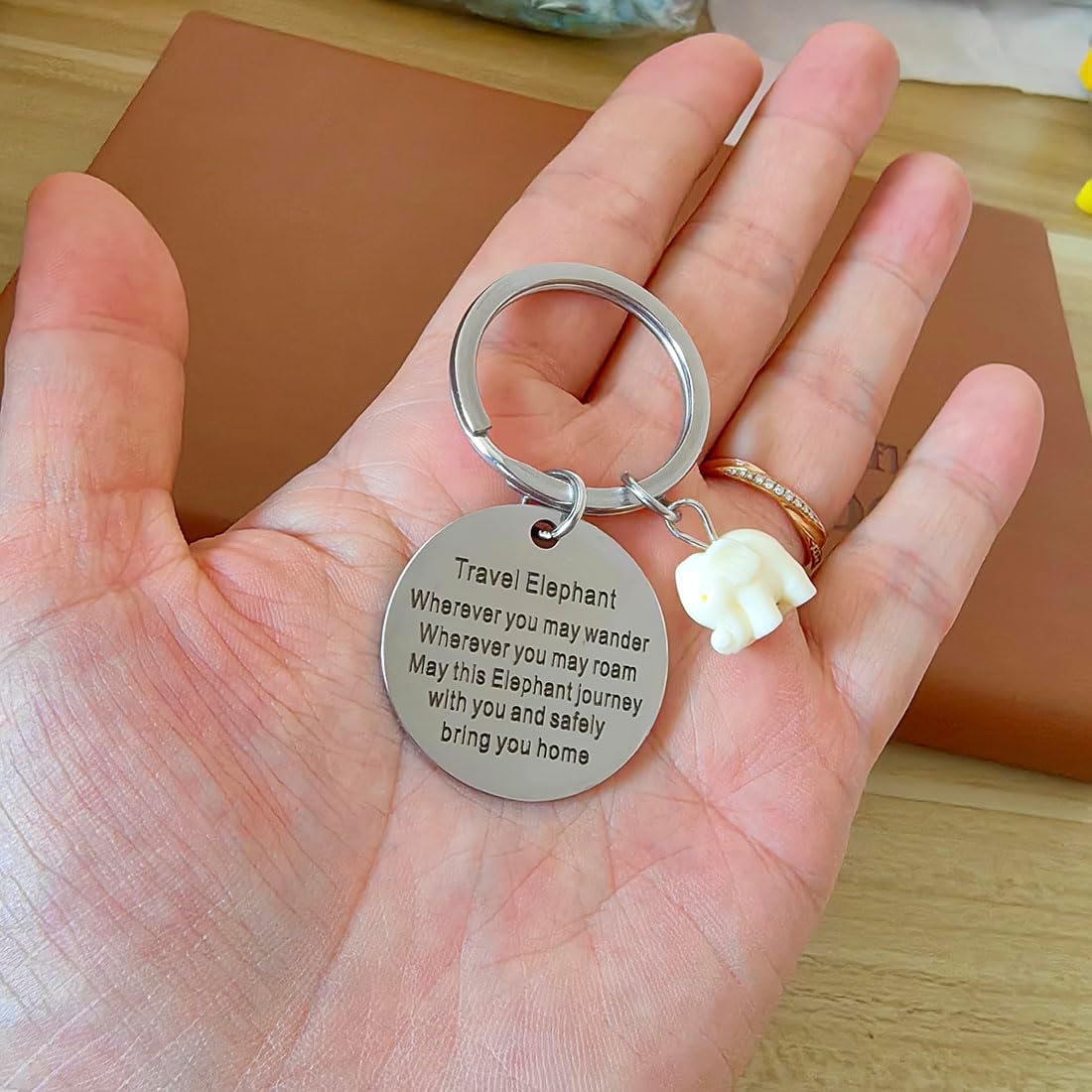 Travel Elephant Keychain Wherever You May Wander Good Luck for Women Men | Safety Blessing Engraved Keyring Jewellery for Family Friends Christmas Birthday