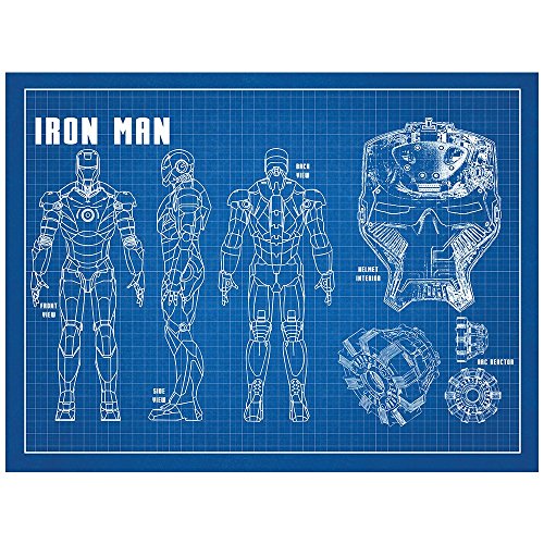 Inked and Screened Sci-Fi & Fantasy Design Art Poster Iron Man, Blue Grid/White Ink, 18