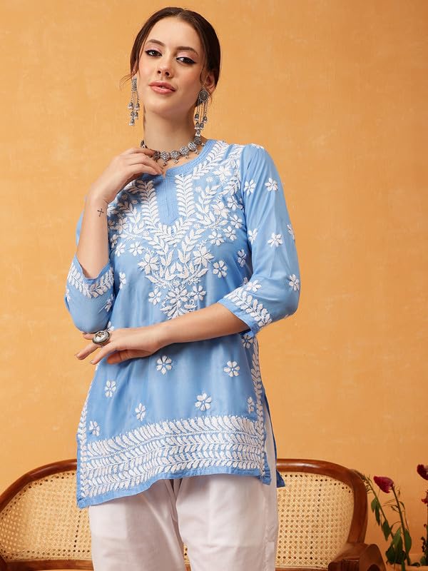 Image of Ada Women's Muslin Straight Fit Tunic Hand Embroidered Lucknowi Chikankari Straight Top Short Kurti A911420