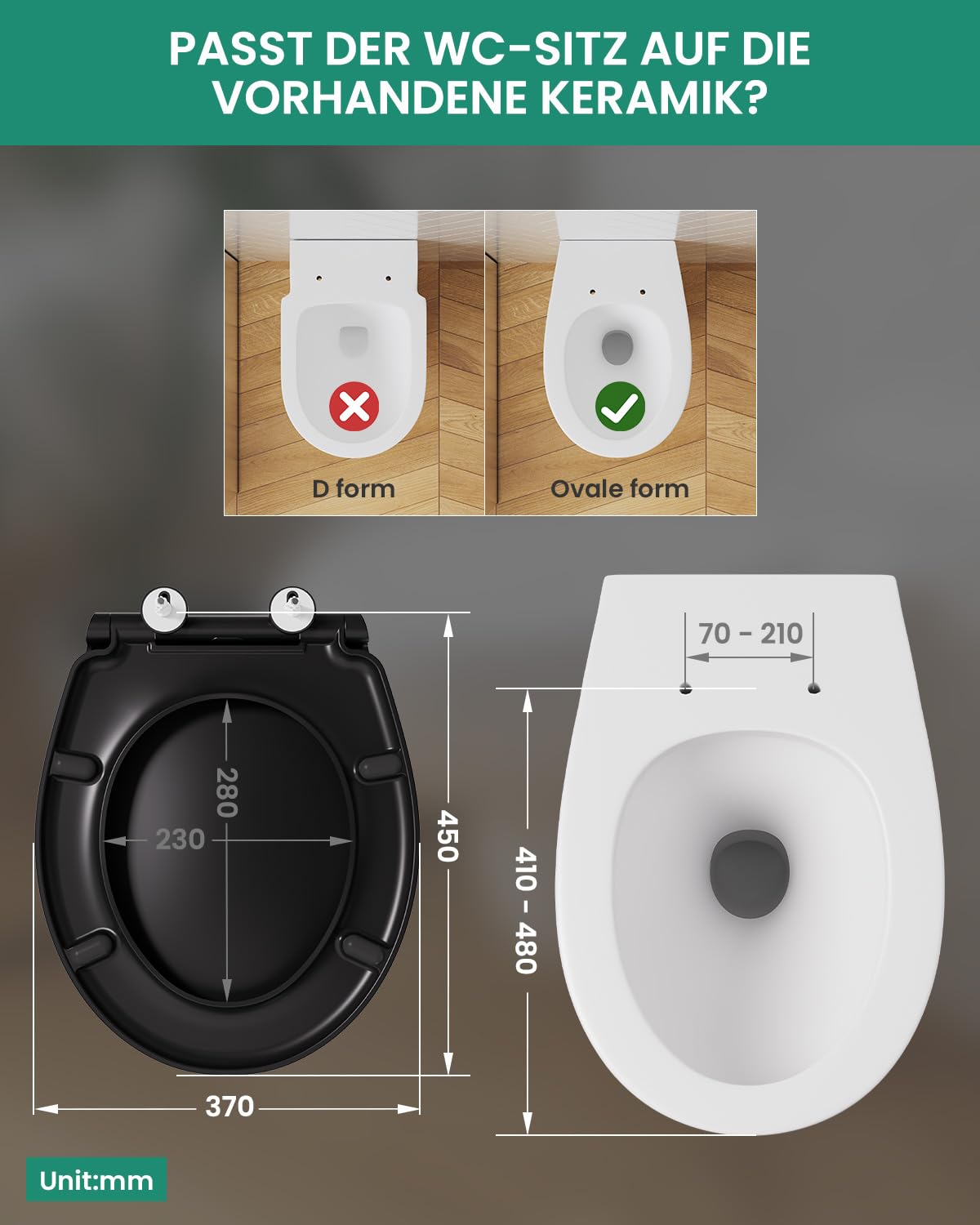 ANYCEE Tavoletta WC con Chiusura Ammortizzata, Copriwater Universali in Duroplast, Coperchio Water con Antibatterico, Asse WC O Forma, Sedile WC con Sgancio Rapido, Rapido Montaggio, Nero