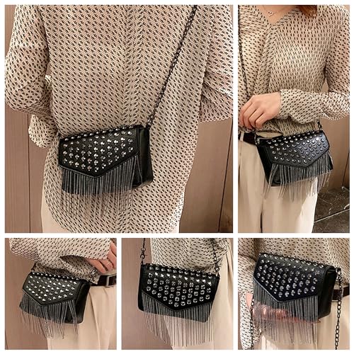 Ayliss Women Crossbody Handbag Purse Small Rivets Studded Tassel Shoulder Bag Clutch Gothic Punk Rock Party Funky Bag (Rectangle Black)3