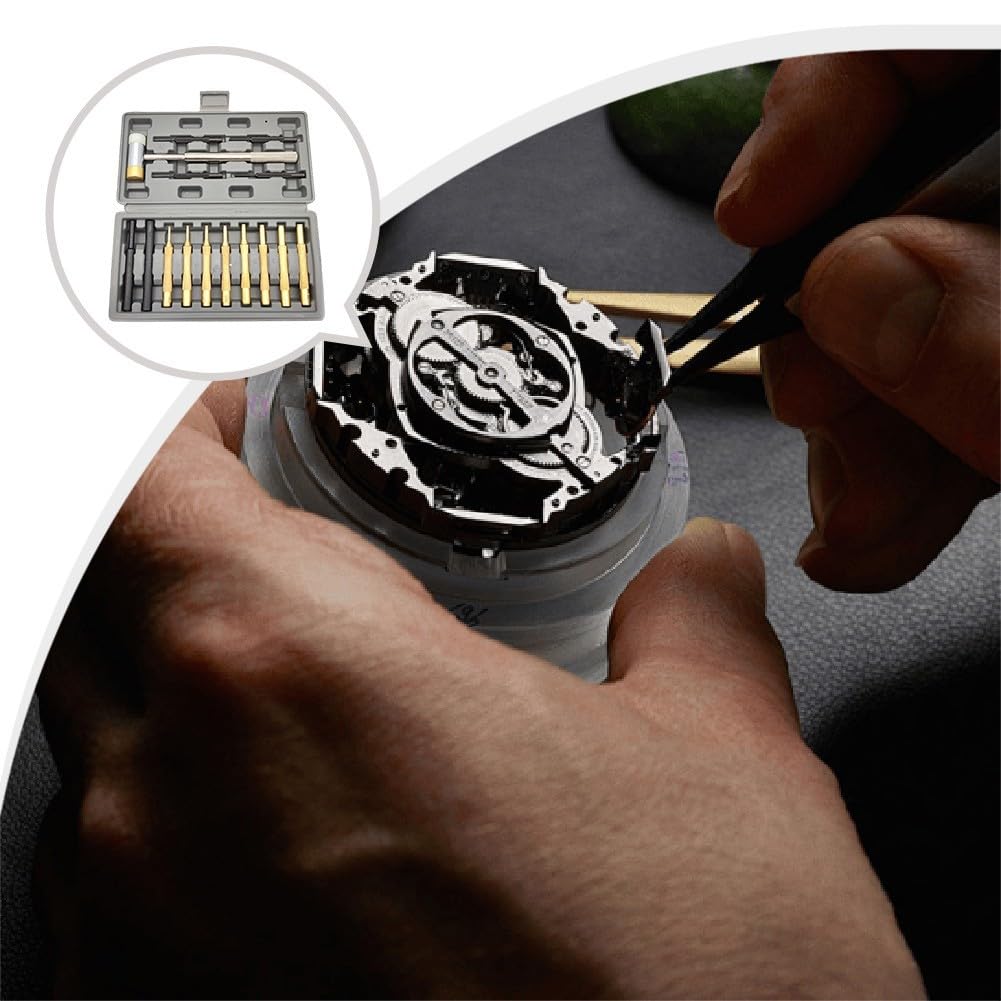 Lot de 15 chasse-goupilles avec marteau – Tête double face en laiton et nylon pour horlogerie, tâches fines et travaux d'outils – Comprend un étui de rangement