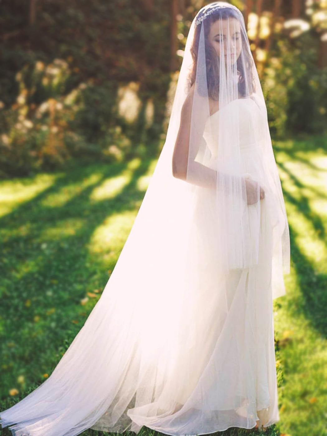 EASEDAILY Bride Wedding Veils White Long Cathedral Length 2 Tiers Bridal Tulle Veil with Comb for Women