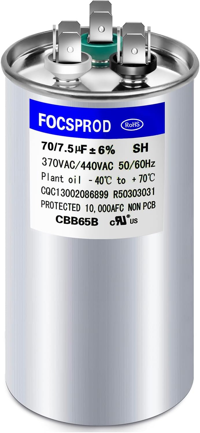 - [UL Recognized] FOCSPROD 45+7.5 uF 45/7.5 MFD ±6% 370V/440V CBB65B AC Capacitor, Dual Run Round Capacitor Replacement, 45 7.5 uF 440 Volt HVAC for AC Unit Fan Motor Start or Heat Pump or Condenser