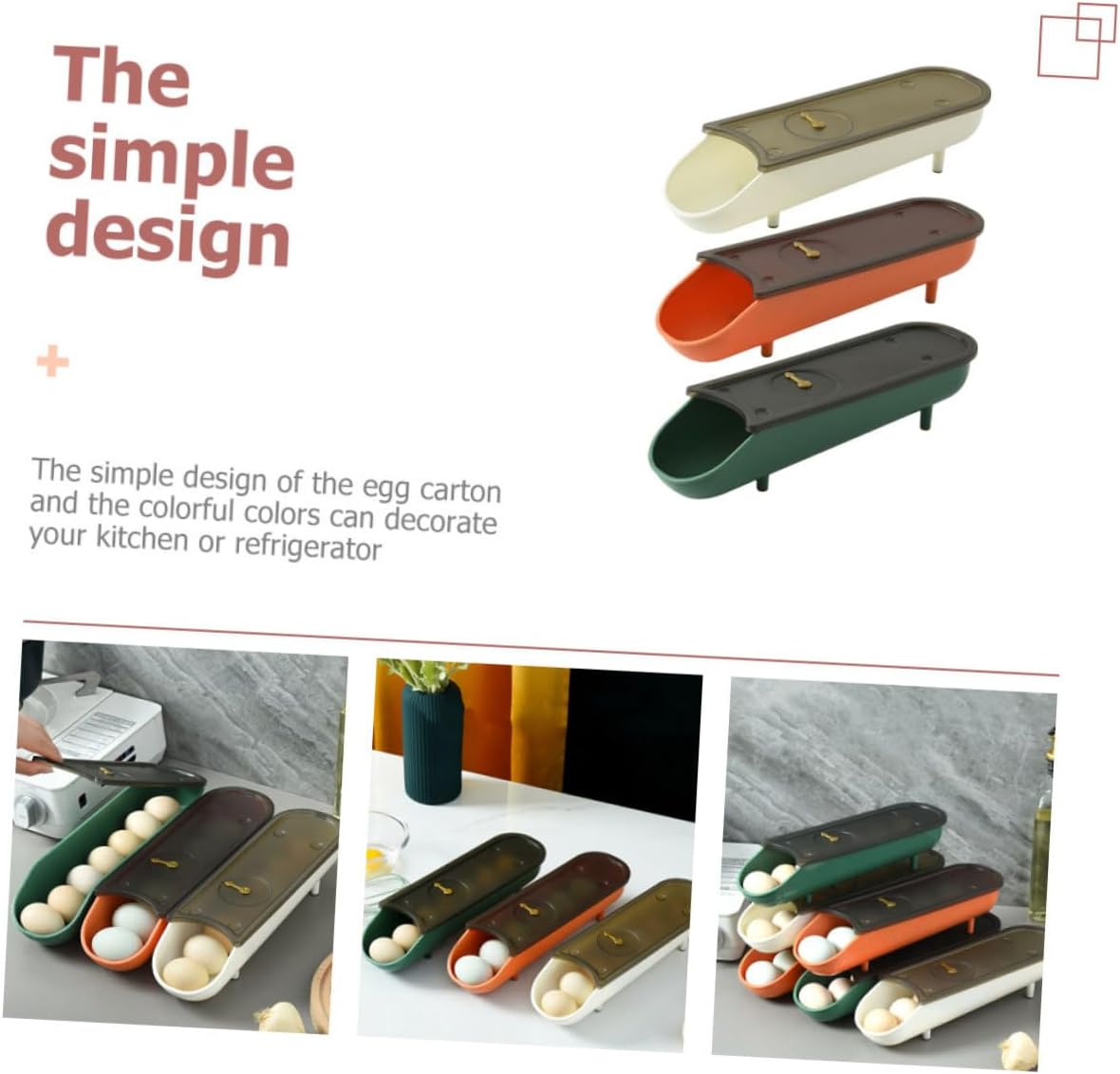 3pcs Stackable Egg Storage Container Automatic Scrolling Feature Refrigerator Organizer Bins Lid for Fresh Eggs White Green Orange