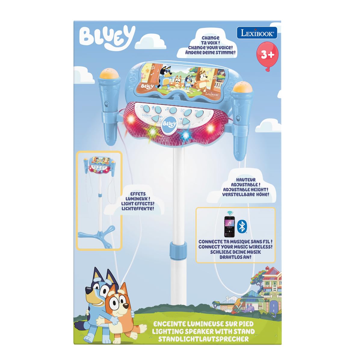 Lexibook, Bluey, Altoparlante Luminoso da Terra per Bambini, Gioco Musicale, Altezza Regolabile, Effetti Luminosi, 2 microfoni Inclusi, Ingresso MP3, Bluetooth, Blu, S160BYLXB