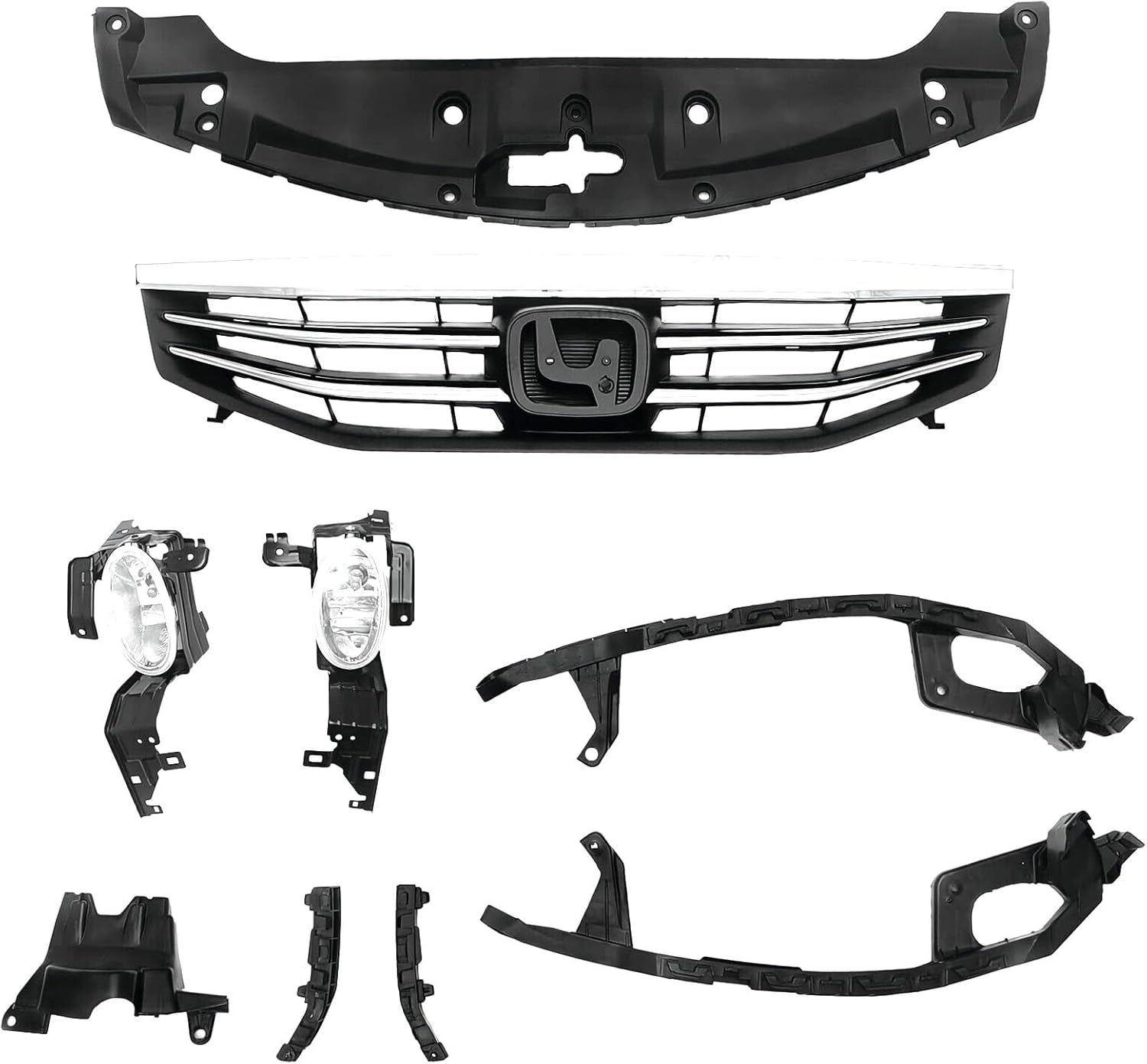 Front Upper Chrome Grille Fog Bumper headlight brackets 9Pc Set Fit for H0NDA Accord 2011-2012 Grille Fog lights Bracket Kit
