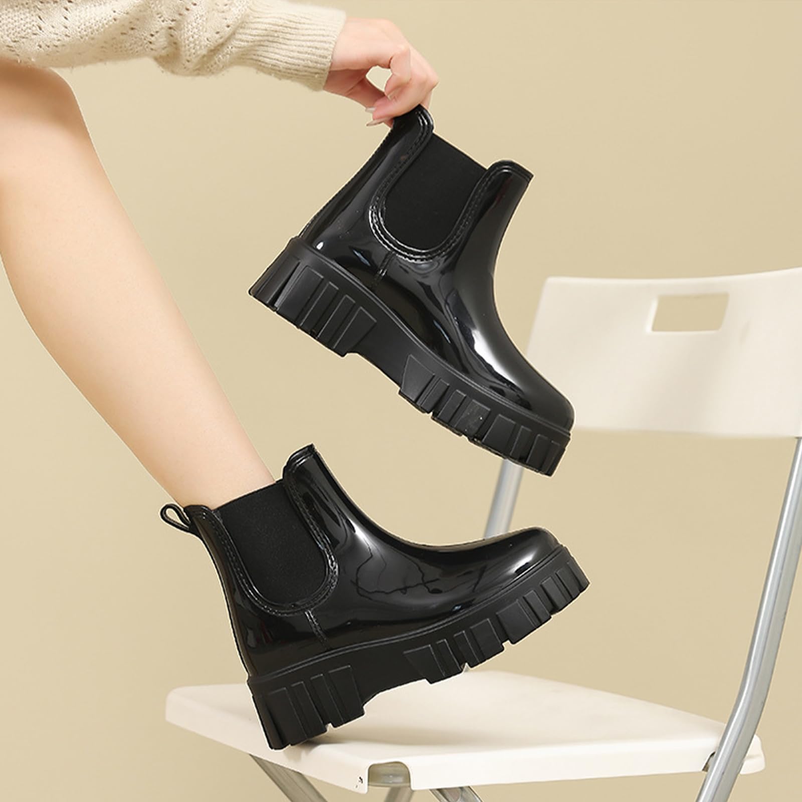 Crepuscute Botas de lluvia impermeables con plataforma alta para mujer, cómodas, ligeras, impermeables, botas de jardín de goma, botas de lluvia Chelsea al tobillo, lindas plantillas suaves, botas de