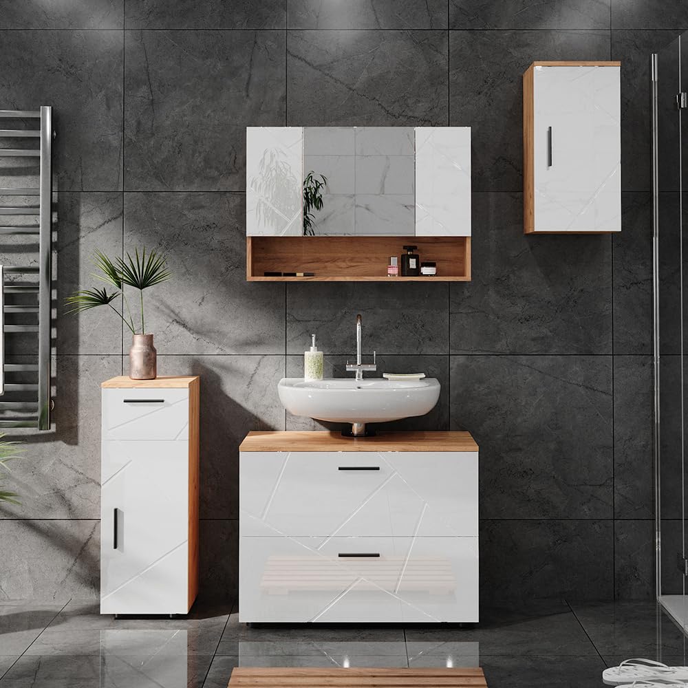 Vicco Badschrank Irma, Weiß Hochglanz/Goldkraft Eiche, 30 x 59 cm mit Regal, zur Wandmontage geeignet und mit weiteren Irma Möbeln kombinierbar