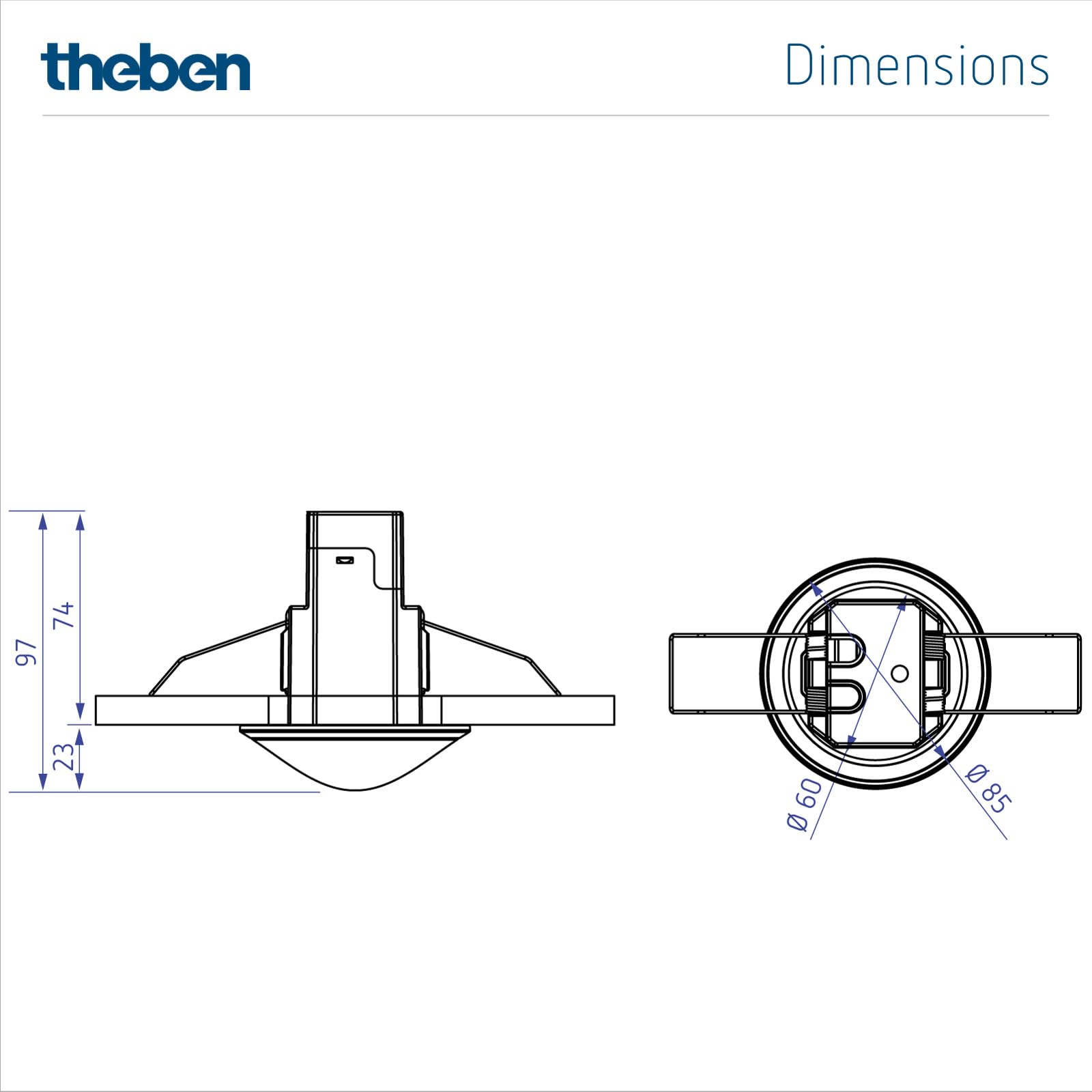 Theben 2080560 theRonda S360-100 DE WH rilevatore di presenza PIR soffitto | incasso a soffitto, area di rilevamento circolare 360°, 8 m/50 m², 1 canale luce 230 V, automatico, misurazione luce mista