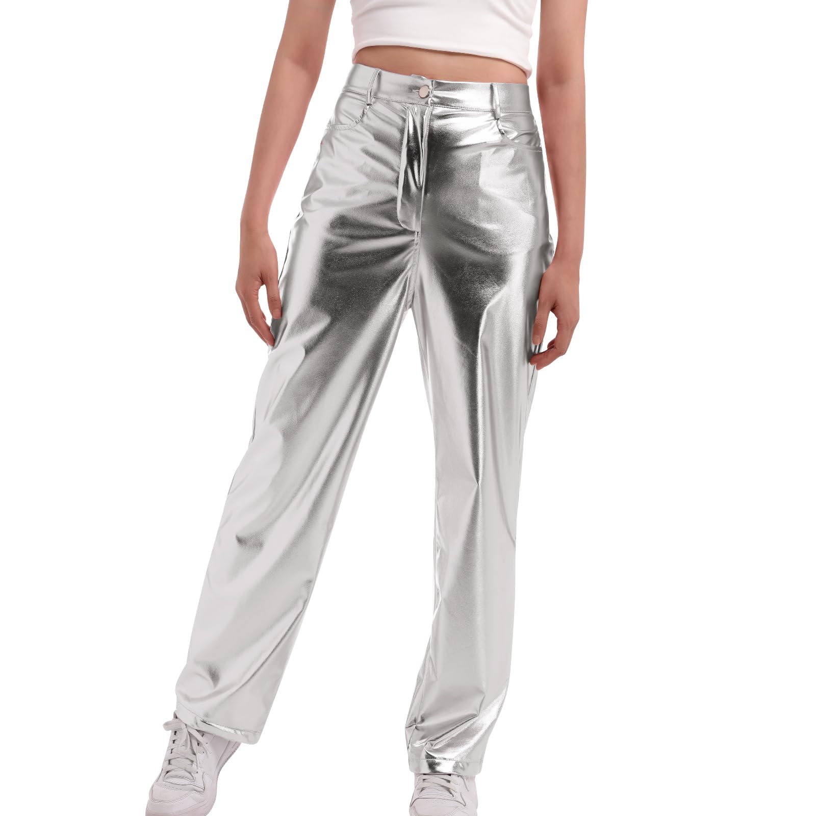 ODIZLI Pantalon holographique métallique brillant taille haute jambe droite en similicuir avec poches pour femme
