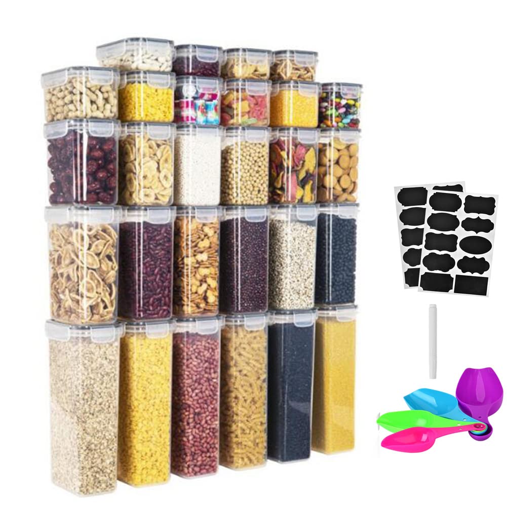 Queta Transparent 28Pcs Cereal Storage Containers Set Plastic Airtight Food Storage Container Kitchen Storage Containers With Lids,Reusable Labels,Marker,Spoon For Flour Cereal Spaghetti Pasta 2.8L 2.0L 1.4L 0.8L 0.52L