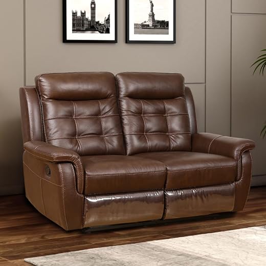 Royaloak Miami American Leather Two Seater Recliner | Flat Pebbel Emboss Thick Leather | High Backrest | Tufting Design | ...