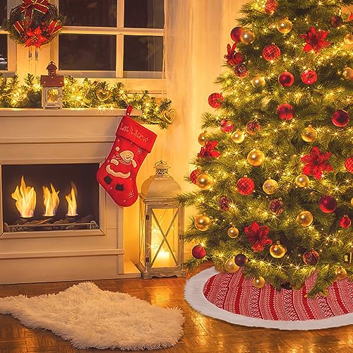 Garvee 48 inch Christmas Tree Skirt, Knitted Christmas Tree Skirt with Snowflakes, Rustic Xmas Tree Mat with Faux Fur Edge Winter Holiday Decoration