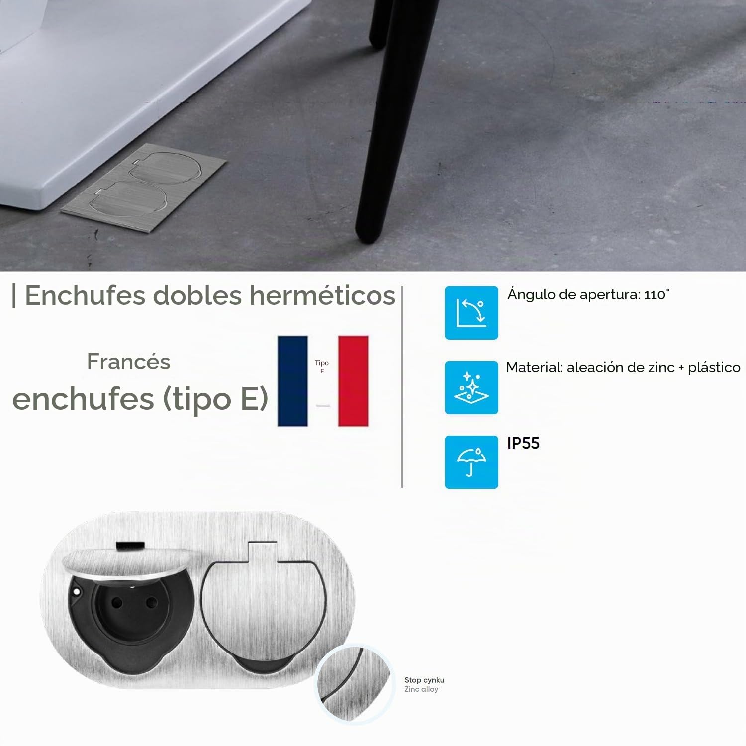 Enchufe doble empotrable de acero inoxidable, enchufe de suelo IP55, tapa abatible, borne de conexión, tipo E francés