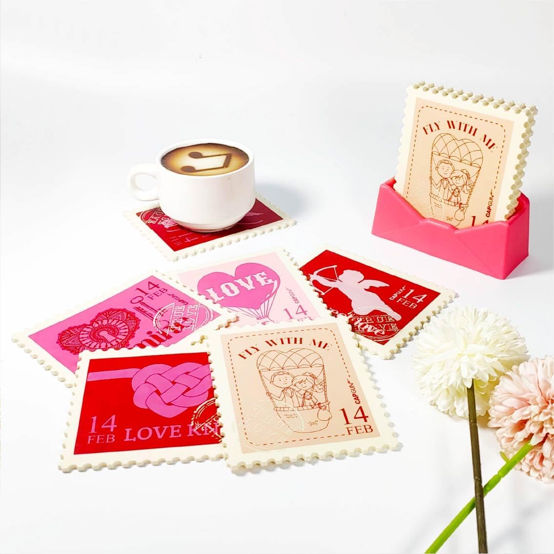 6 Pcs Vintage Stamp Coasters Set in Gift Box - Valentine's Day Gift for Stamp Collectors, Unique Drink Coasters for Home, Bar & Cafe, Romantic Feb 14 Present - Image 2