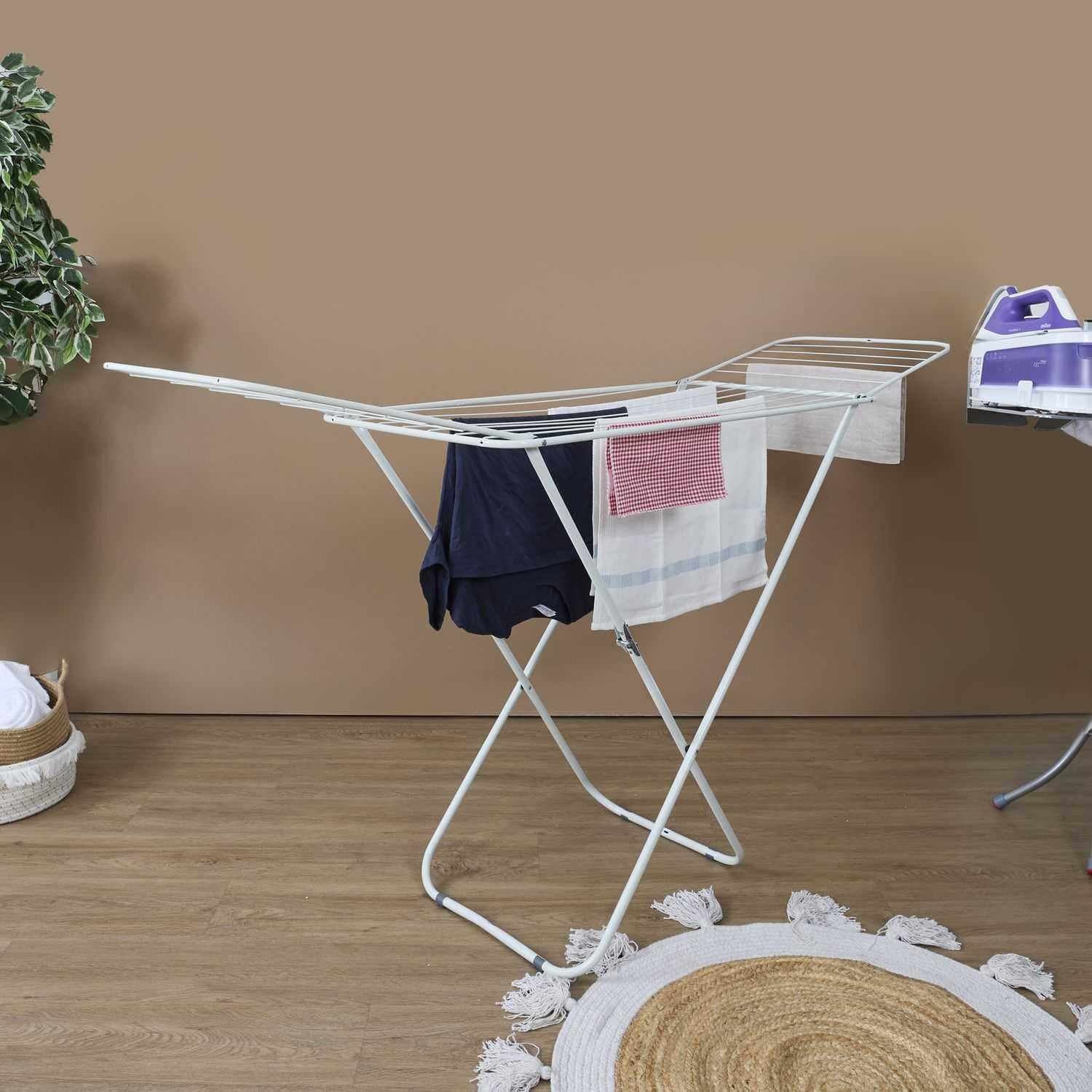 Étendoir à Linge Accordéon 18 m Pliable Blanc | Acier inoxydable, étendoir à linge accordéon, 18 mètres d'étendage, design compact et pliable, buanderie, blanc