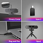 4K Webcam, 120°FOV UHD PTZ PC Camera with Speaker and 4 Microphones, Supporting Remote Control, Digital Zoom, Autofocus, Privacy Cover and Tripod, for Video Calls and Conferences and Live Streaming