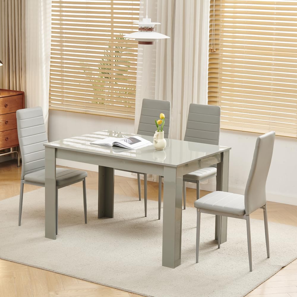 Homullel 5 Piece Dining Room Table and Chairs Set for Dining Room Kitchen, Modern Wooden Dining Table with 4 Grey Leather Chairs for Family Dinner Space Saving Dinner Set