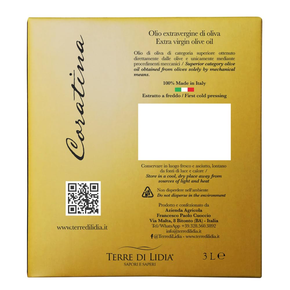 Terre di Lidia - 4 Pièces - Huile d'olive extra vierge - 4 x Bag in Box 3L-Produit 100% italien - Coratina+Ogliarola - Campagne 2025/2026