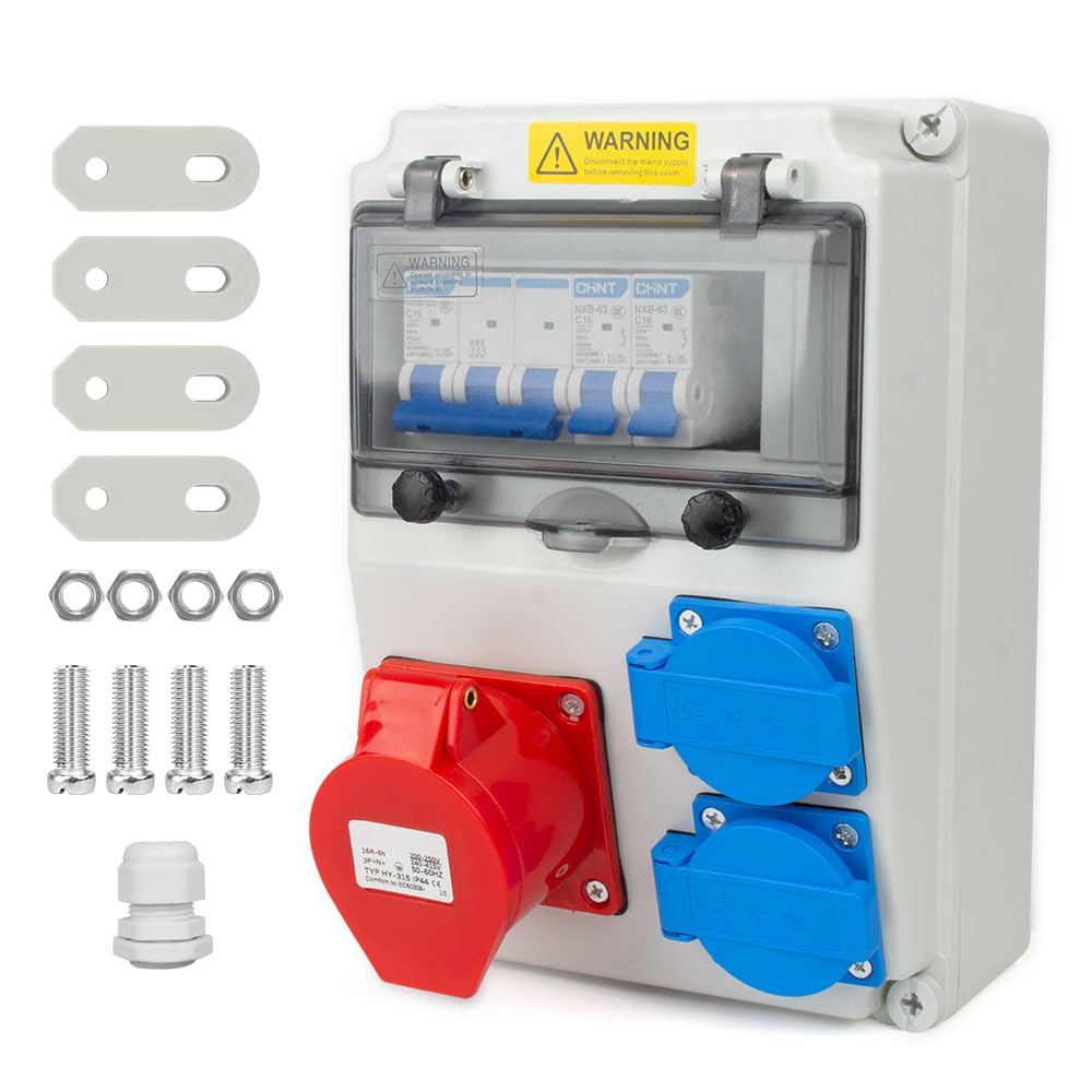 Distributore di Corrente 230 V, Copri Quadro Elettrico con Prese 2x230V e 1xCEE 16A Cablate, Quadro Elettrico da Cantiere IP44 con Interruttore Ls, Distributore Quadri Elettrici