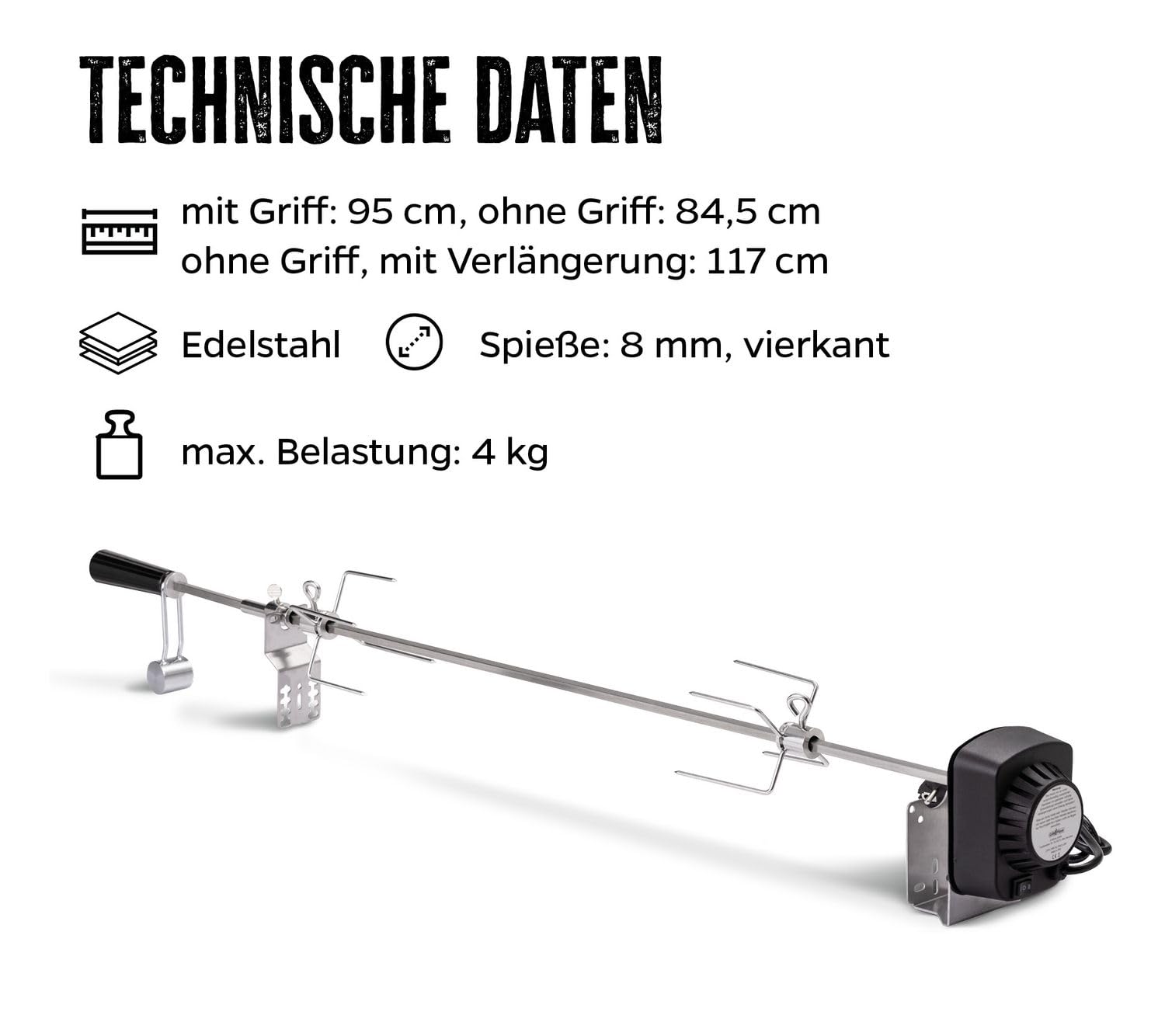 Grillfürst Universal Drehspieß - Grillspieß mit Motor für Gasgrill, Rotisserie Set aus Edelstahl inkl. 2 Fleischnadeln, Gesamtlänge: 95 cm