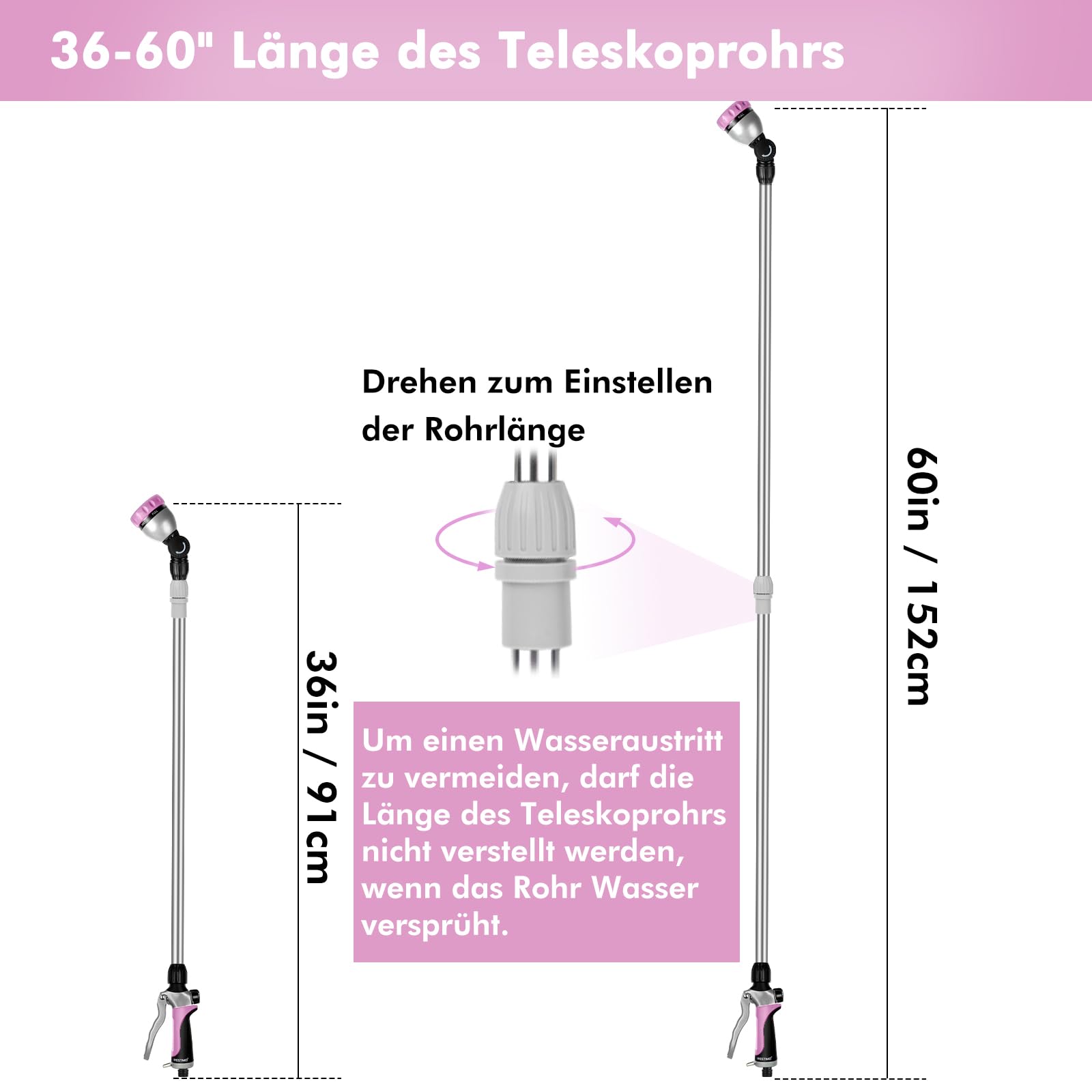 RESTMO Varita de riego de metal de 91-152 cm, tubo telescópico largo | Cabezal de trinquete ajustable de 180° | 7 patrones de pulverización | Control de flujo, pulverizador de manguera de jardín a