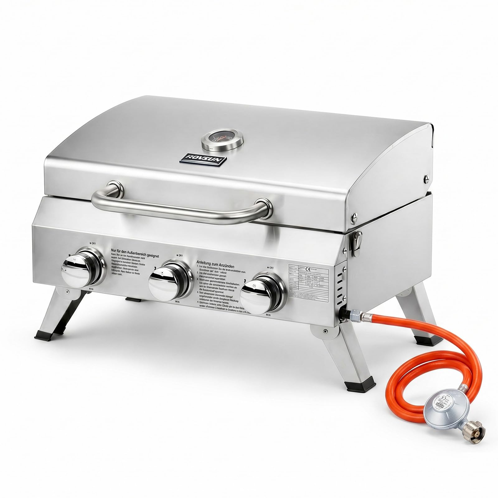 ROVSUN 6,6 kw Gasgrill mit 3 Brenner Gasgrill Camping mit Deckel & Thermometer 61x43x40 cm, Tischgrill für Hinterhof, Terrasse, Camping, Strand & Picknick