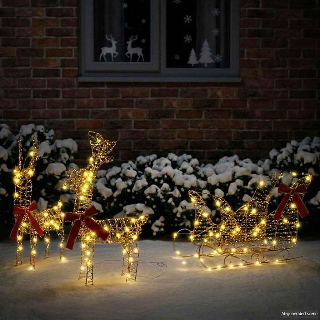 LED Rentier mit Schlitten Weihnachtsbeleuchtung 30 x 12 x 55 cm für Innen und Außen Deko Warmes Weiß