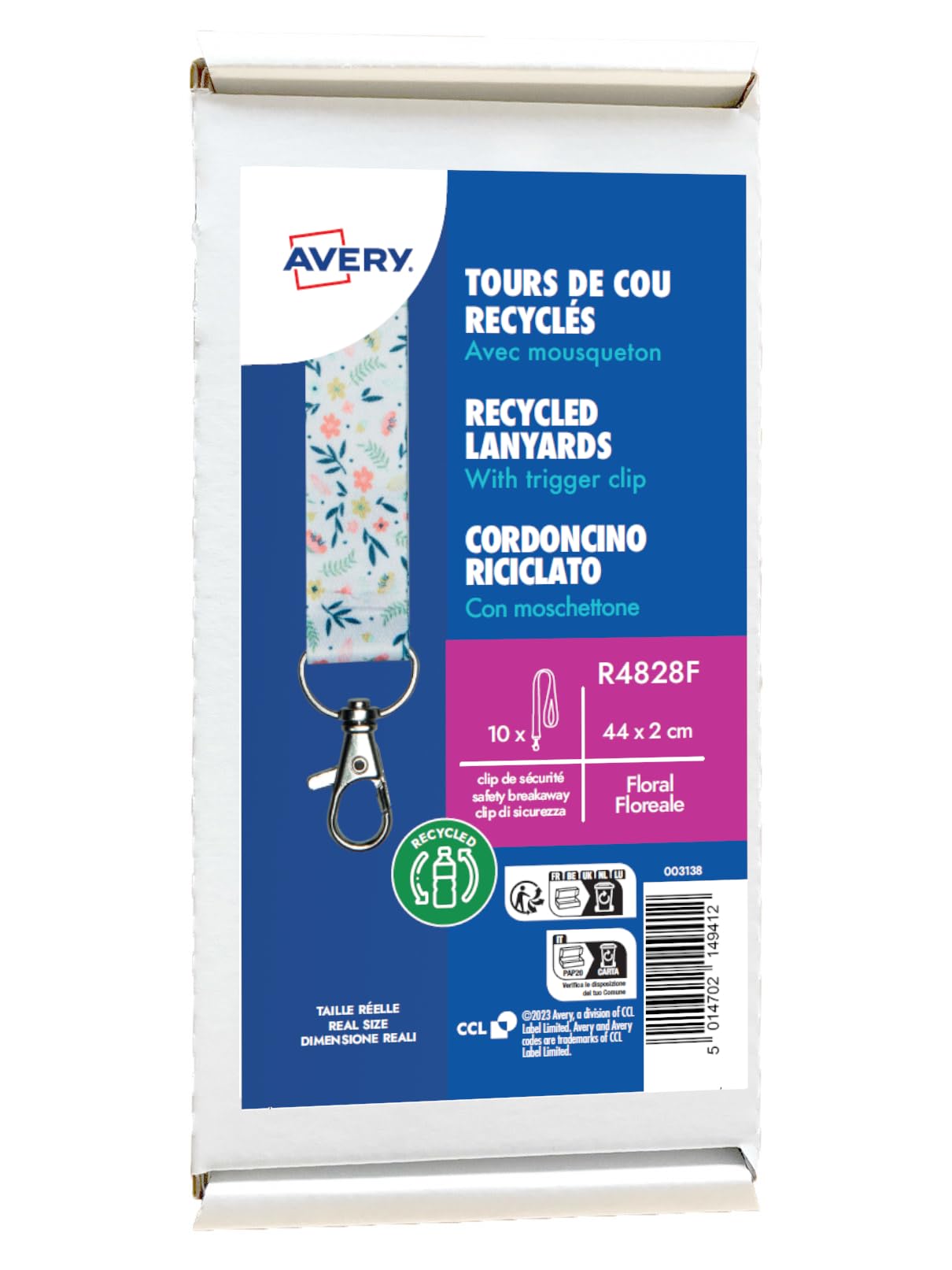 AVERY Zweckform L4785-20 Namensetiketten 200 Stück (80x50mm, bedruckbar) weiß & R4828T Lanyard 10 Stück (44x1,5cm, mit Karabinerhaken-Sicherheitsverschluss) floral
