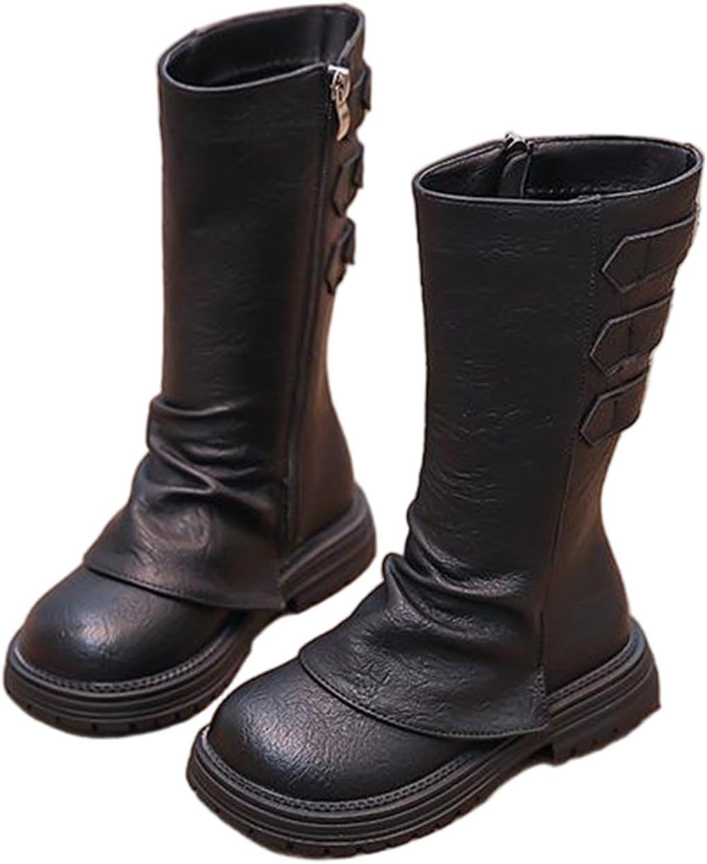 Girl's Classic Tall Riding Boots Mid Calf Side Zipper Back Buckles Combat Boot Fashion Vintage Outdoor Hiking Shoes