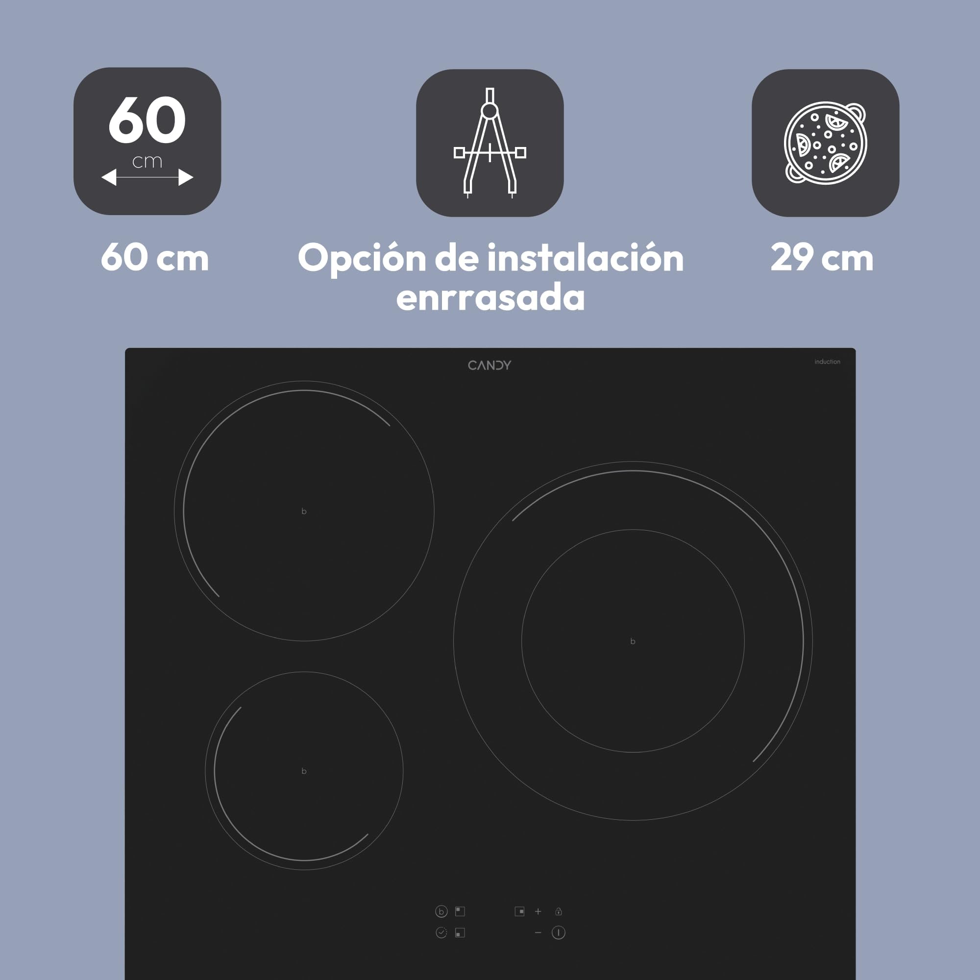 Candy CI633C/E14U, Placa Inducción, 3 Zonas, 60CM, 9 Niveles de Potencia y Booster, 7,2KW, Mandos Centrales, Indicador de Calor, Bloqueo de Seguridad, Alerta Sobrecalentamiento y Derrames, Negro