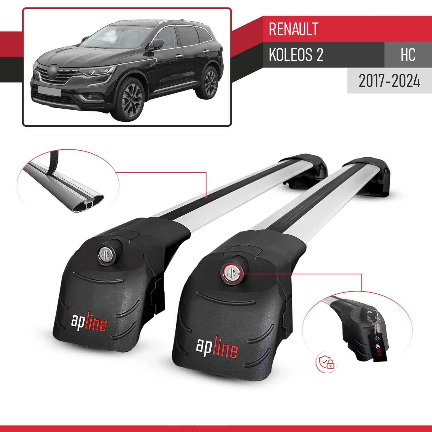 Compatible con Renault Koleos 2 (HC) 2017-2024 Modelo Ace-2 Barra de Techo Auto Portaequipajes Barras Transversales Gris Aluminio 2 Barras