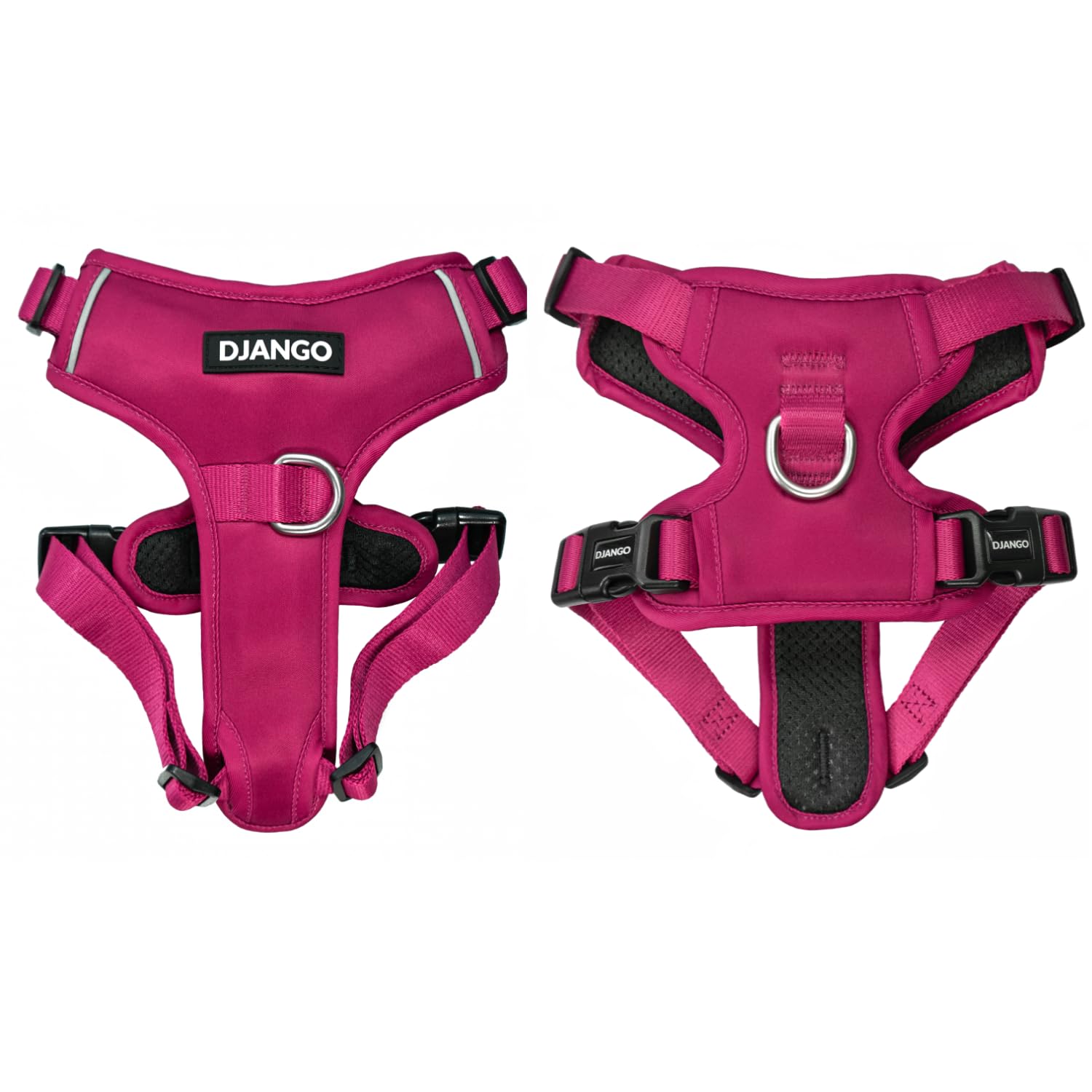 DJANGO Tahoe No Pull Dog Harness – Escape-Proof Dog Harness for Small & Medium with Front & Back Clips for Everyday Use – Adjustable, Padded, Reflective, Secure, Easy On/Off – Hibiscus Pink, Medium