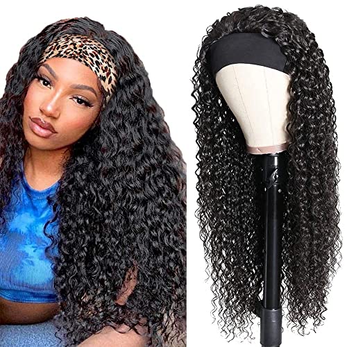 Image of Deep Wave Headband Wig Human Hair 26 Inch Brazilian Virgin Natural Black | Glueless, Wet and Wavy, 150% Density, None Lace Front, for Black Women, Machine Made, Beginner Friendly, Refreshes with Water