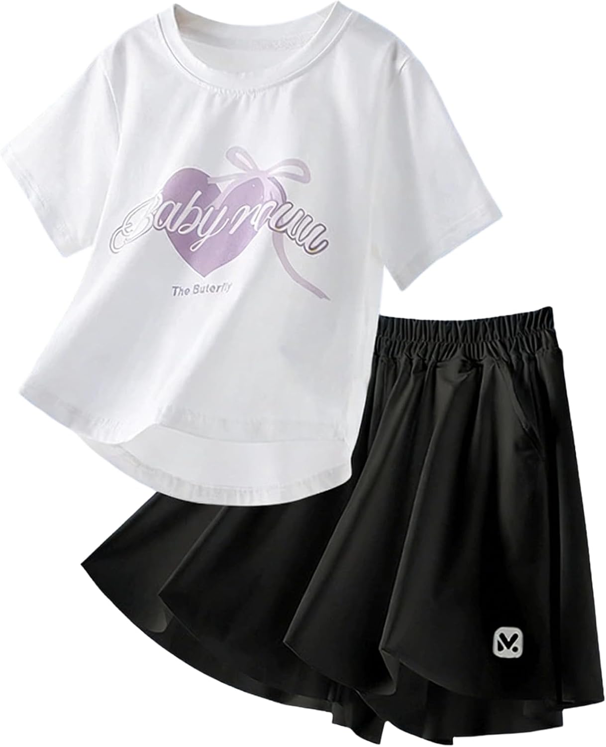 Betusline Girls 2 Piece Athletic Outfit Graphic T-Shirt and Quick Dry Culottes Shorts Set,6Y-14Y