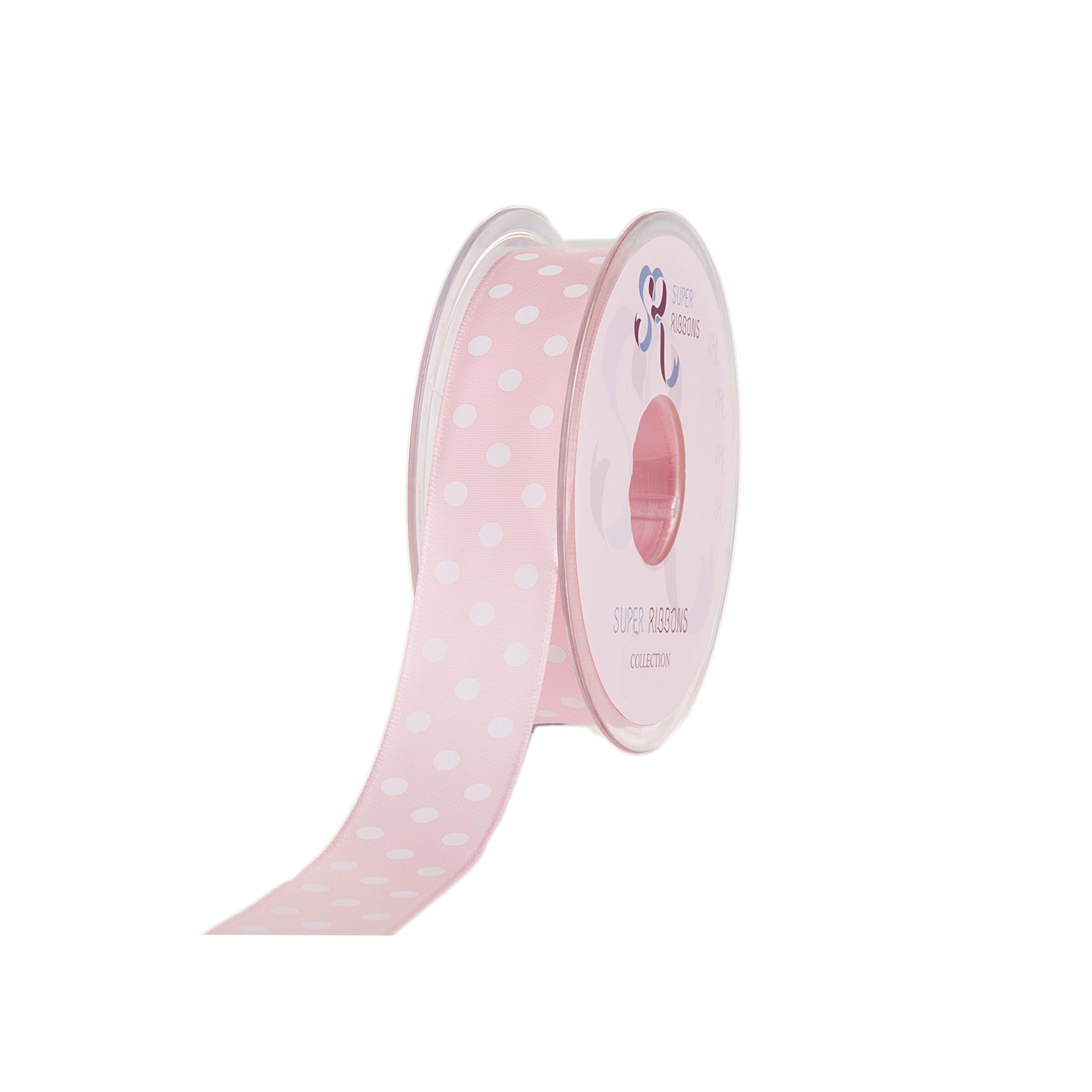SUPER RIBBONS®™ Full Reel 38mm Polka Dot/Spotty Satin Ribbon, 20 Metres on Reel- Baby Pink