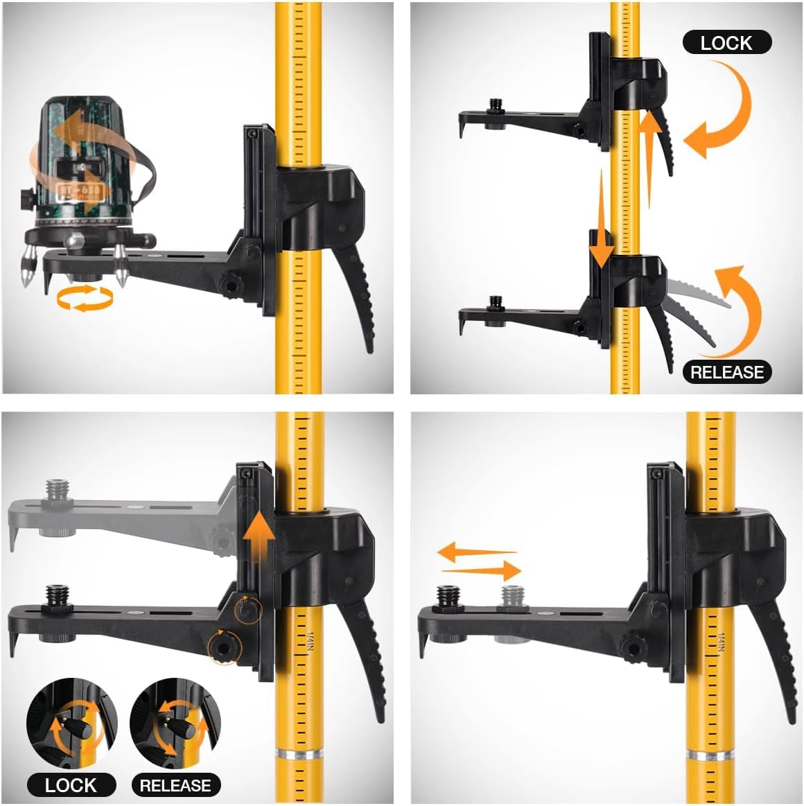 Asta telescopica per livellamento laser con treppiede, allungabile fino a 3,6 m, con supporto laser da 1/4" x 20", con dado adattatore da 5/8"-11